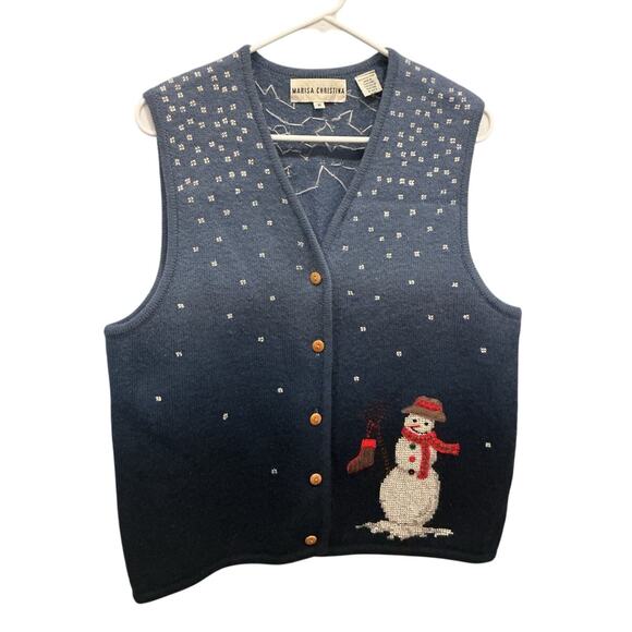Vintage Womens Wool Vest Size Medium Snowman Christmas Embroidered Blue Snow - Picture 1 of 6